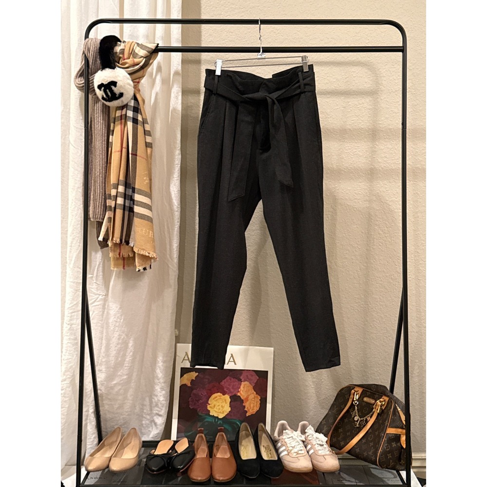Sezane Charcoal Grey High Waisted Tie Belt Tapered Trousers Pants Size 38